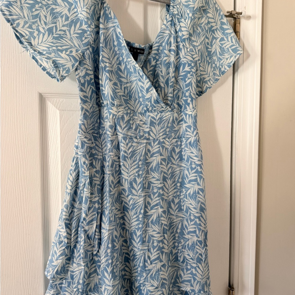 Blue Leaf Print Midi Dress